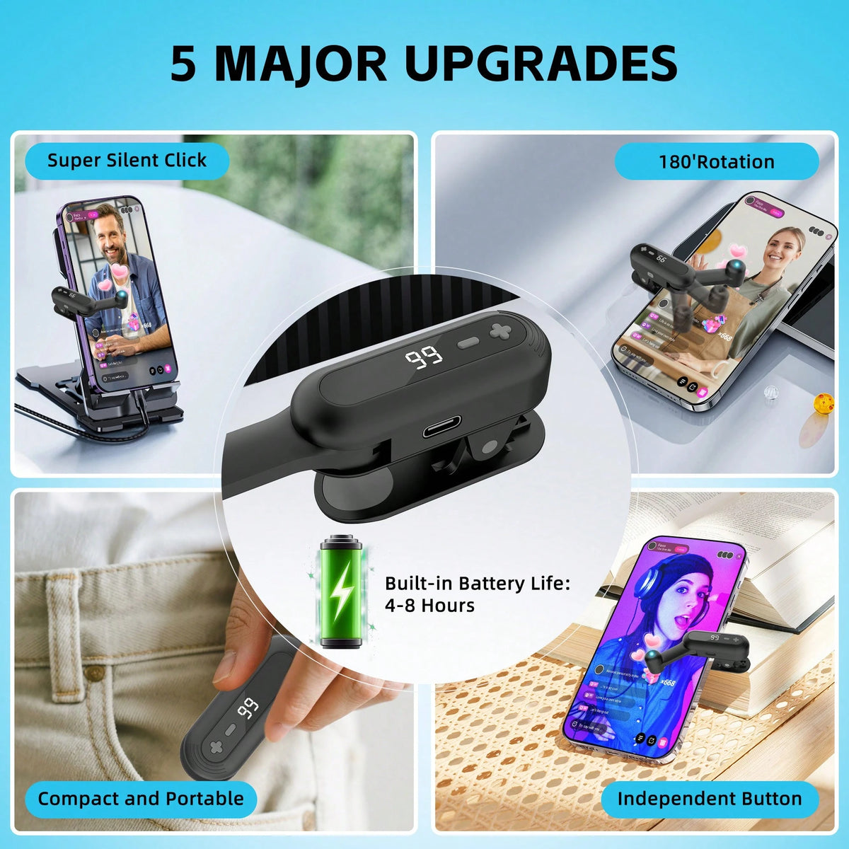 Rechargeable Auto Clicker, Phone Screen Device Speed Clicker For Phone Pad Android, Silent & 99 Adjustable Speeds, Smart Tapper Game, Live Broadcasts Likes, Reward Task