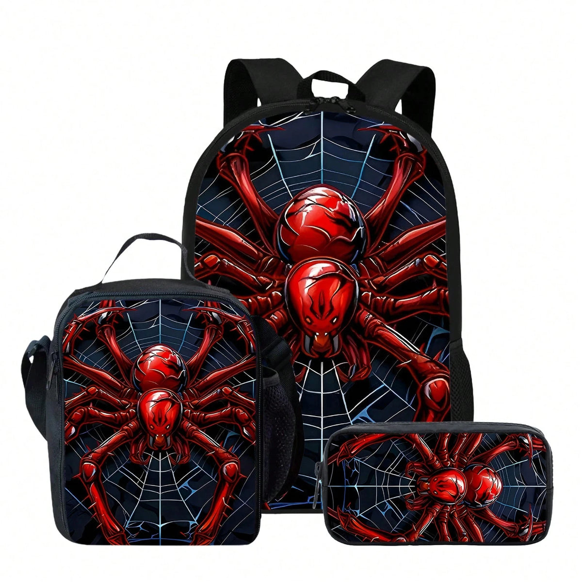 Red Spider Printed Backpack, Lunch Bag, Pencil Case 3pc- Durable Waterproof, Lightweight With Multi-Pockets. Ideal For School & Travel. Back-To-School Gifts, Cool Pattern