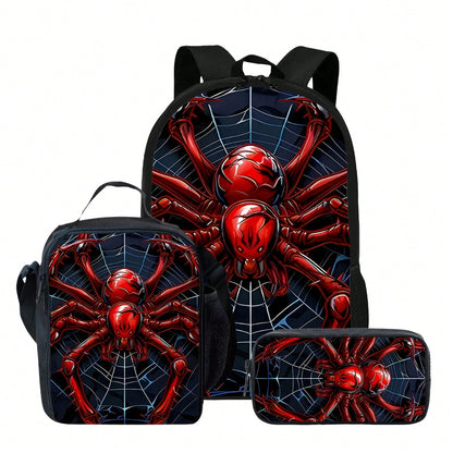 Red Spider Printed Backpack, Lunch Bag, Pencil Case 3pc- Durable Waterproof, Lightweight With Multi-Pockets. Ideal For School & Travel. Back-To-School Gifts, Cool Pattern