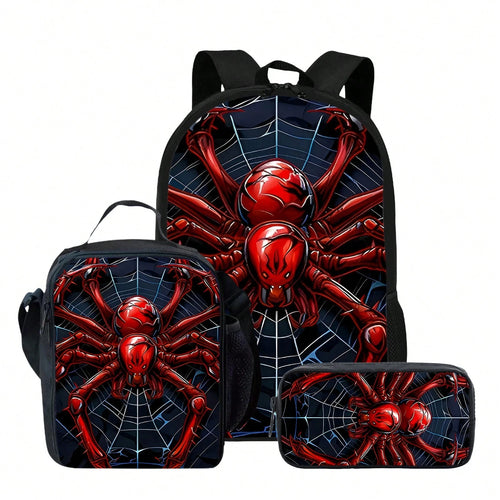 Red Spider Printed Backpack, Lunch Bag, Pencil Case 3pc- Durable Waterproof, Lightweight With Multi-Pockets. Ideal For School & Travel. Back-To-School Gifts, Cool Pattern