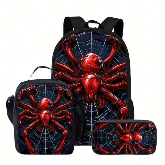 Red Spider Printed Backpack, Lunch Bag, Pencil Case 3pc- Durable Waterproof, Lightweight With Multi-Pockets. Ideal For School & Travel. Back-To-School Gifts, Cool Pattern