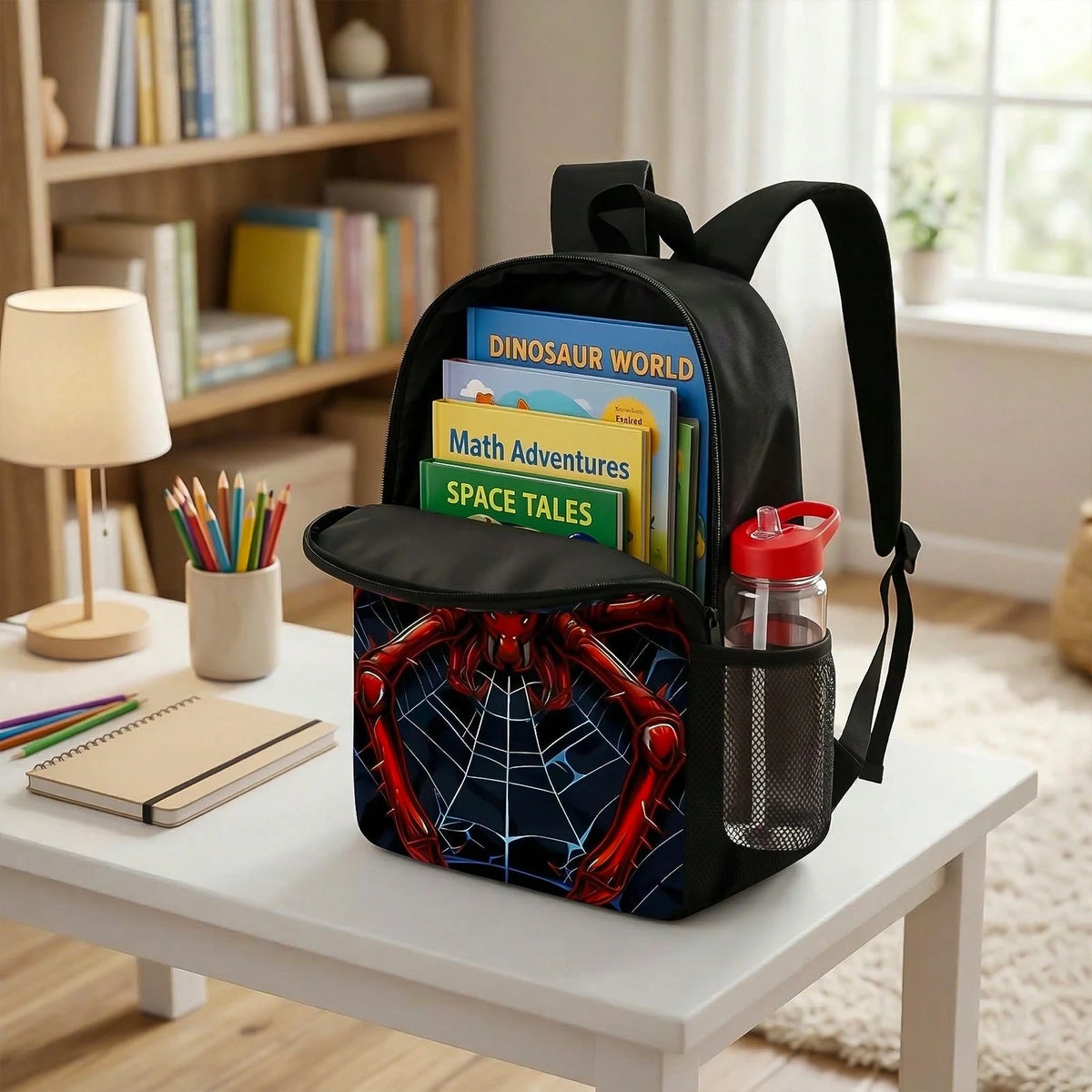 Red Spider Printed Backpack, Lunch Bag, Pencil Case 3pc- Durable Waterproof, Lightweight With Multi-Pockets. Ideal For School & Travel. Back-To-School Gifts, Cool Pattern