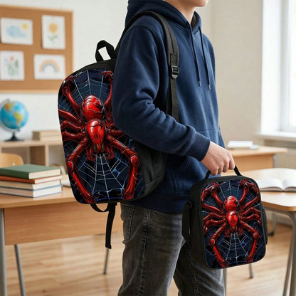 Red Spider Printed Backpack, Lunch Bag, Pencil Case 3pc- Durable Waterproof, Lightweight With Multi-Pockets. Ideal For School & Travel. Back-To-School Gifts, Cool Pattern