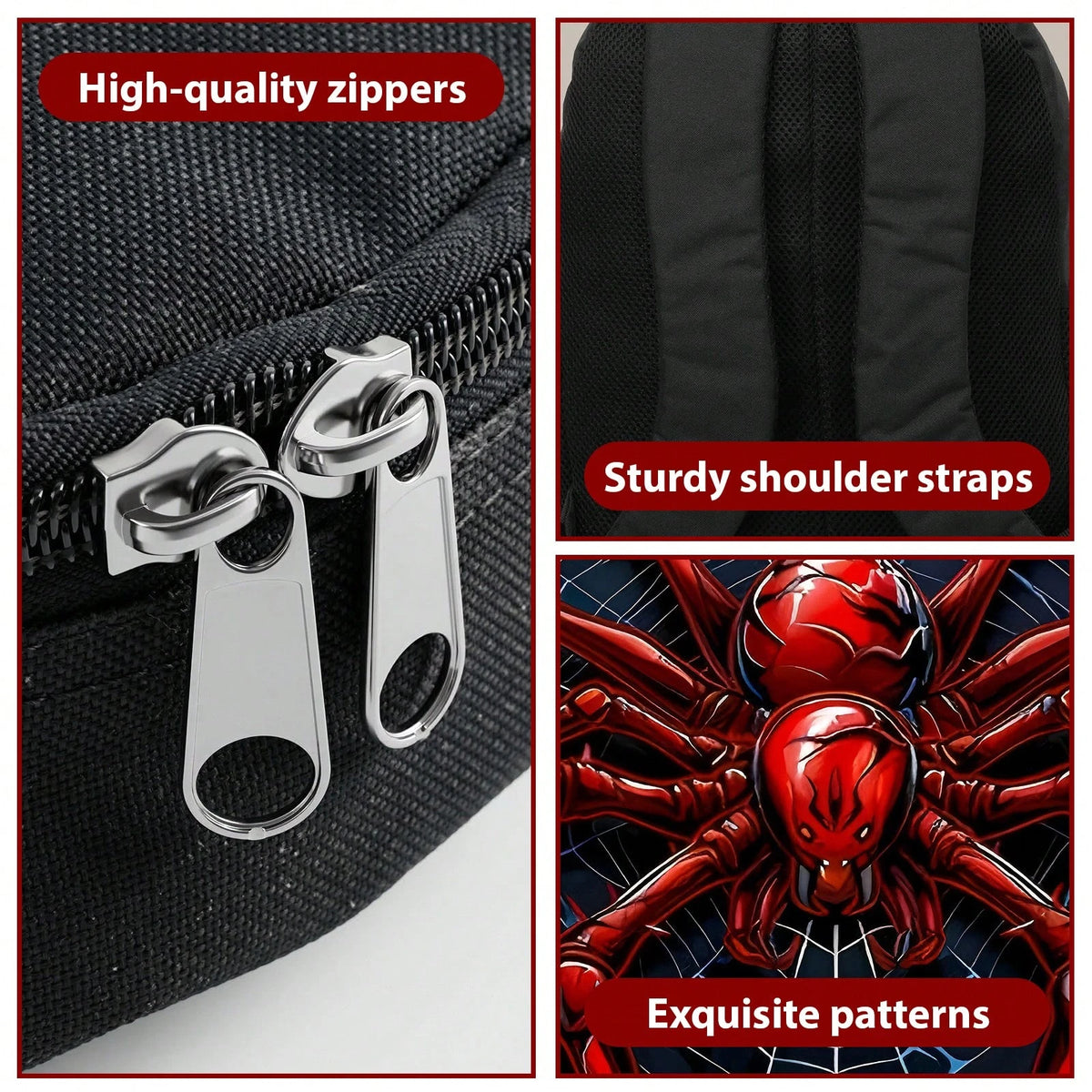 Red Spider Printed Backpack, Lunch Bag, Pencil Case 3pc- Durable Waterproof, Lightweight With Multi-Pockets. Ideal For School & Travel. Back-To-School Gifts, Cool Pattern