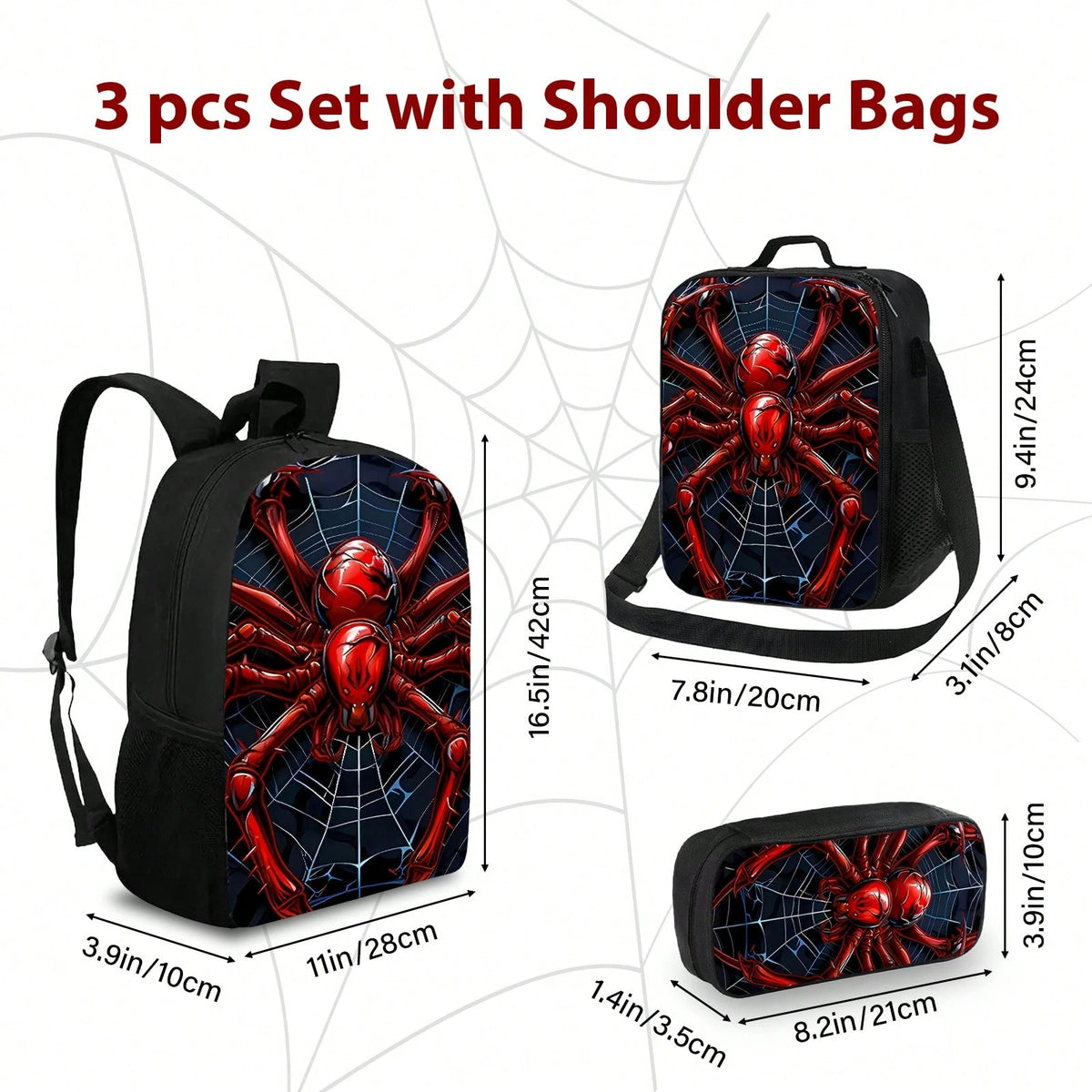 Red Spider Printed Backpack, Lunch Bag, Pencil Case 3pc- Durable Waterproof, Lightweight With Multi-Pockets. Ideal For School & Travel. Back-To-School Gifts, Cool Pattern