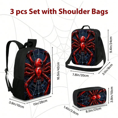 Red Spider Printed Backpack, Lunch Bag, Pencil Case 3pc- Durable Waterproof, Lightweight With Multi-Pockets. Ideal For School & Travel. Back-To-School Gifts, Cool Pattern
