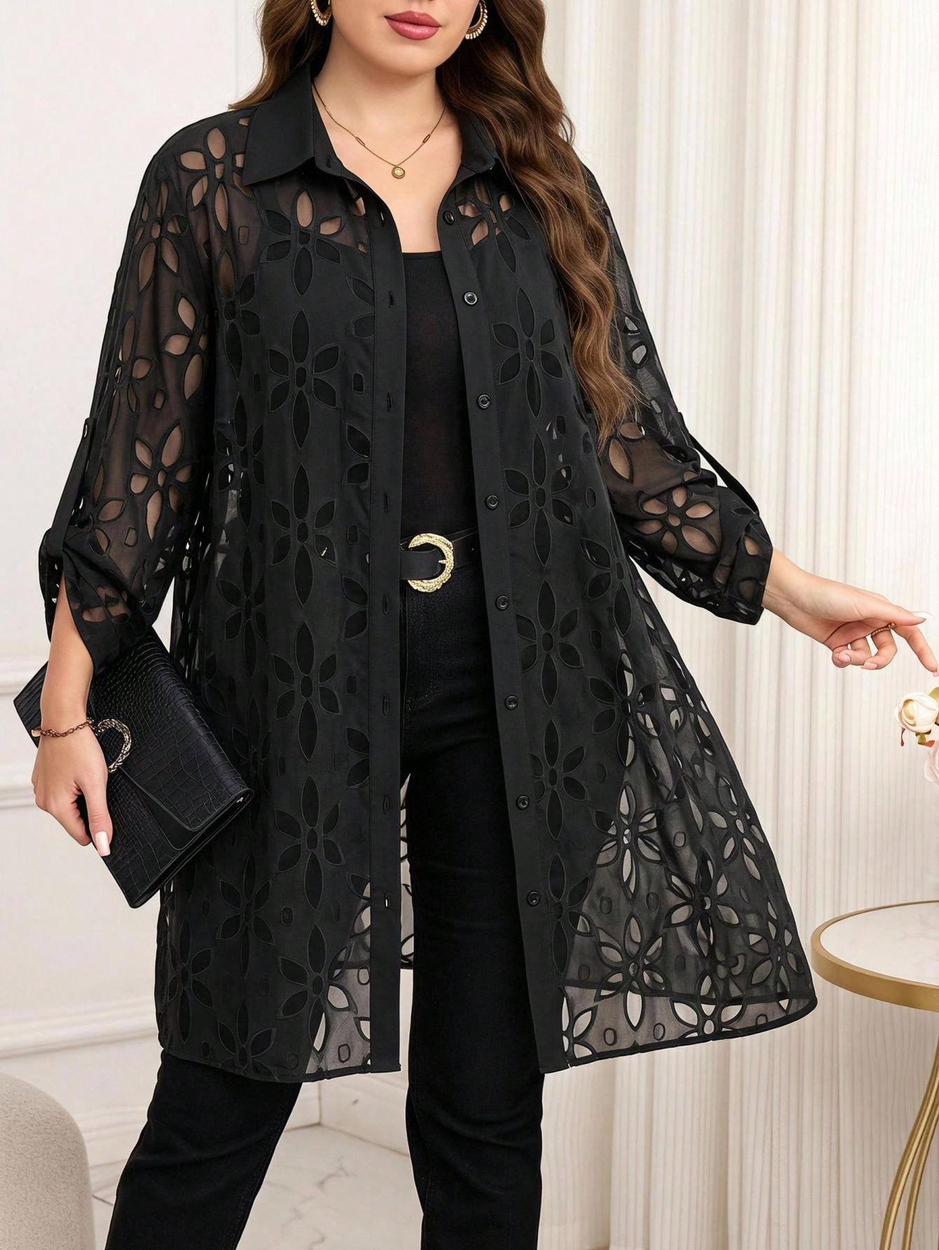 Reflora Plus Size Women's Elegant Black Textured Cut-Out Front Button-Up Shirt With Roll-Up Sleeves, Long Flowy Semi-Sheer Blouse
