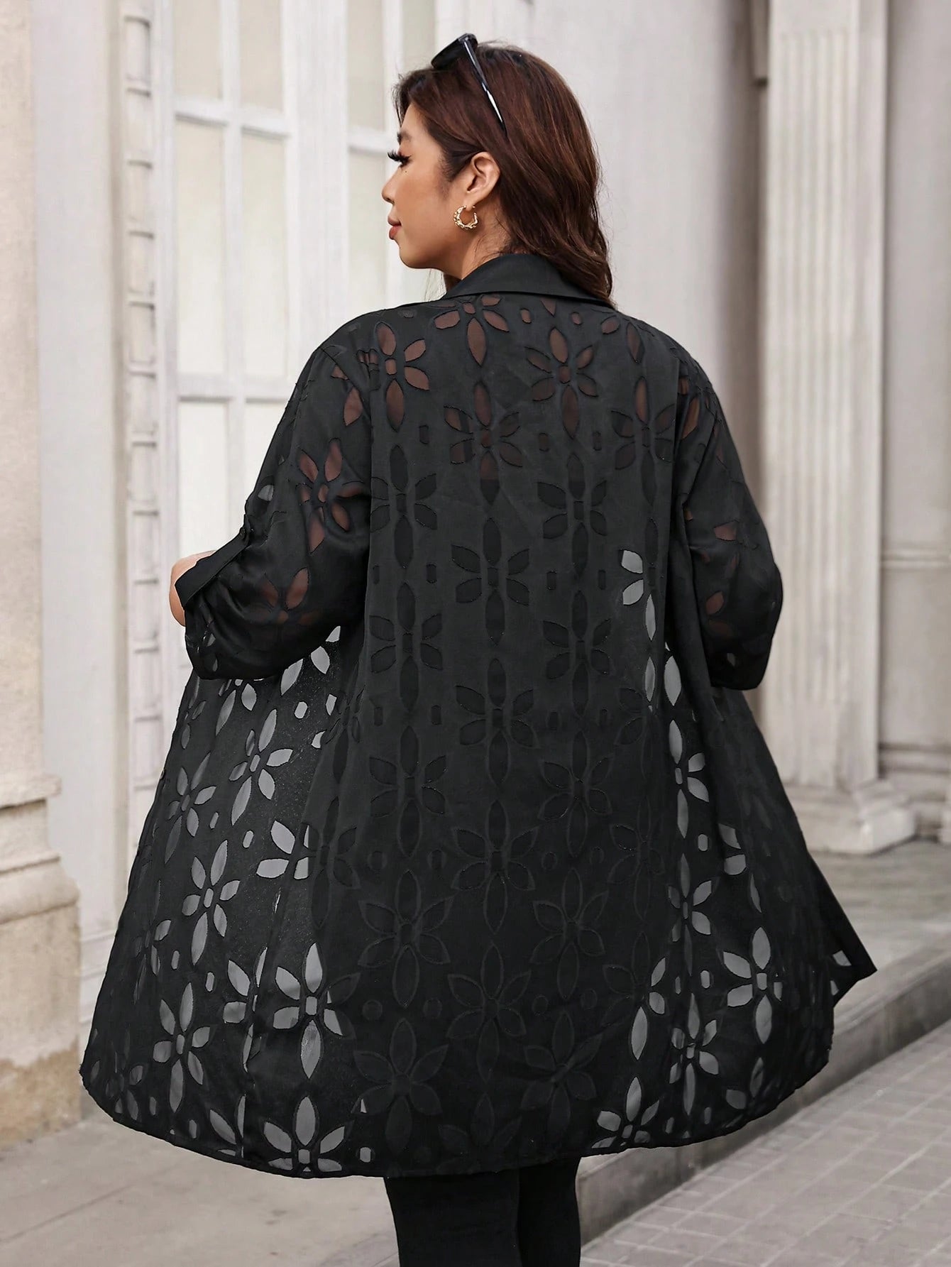 Reflora Plus Size Women's Elegant Black Textured Cut-Out Front Button-Up Shirt With Roll-Up Sleeves, Long Flowy Semi-Sheer Blouse