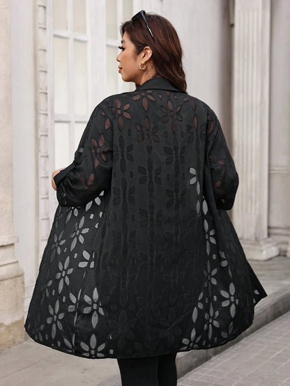 Reflora Plus Size Women's Elegant Black Textured Cut-Out Front Button-Up Shirt With Roll-Up Sleeves, Long Flowy Semi-Sheer Blouse