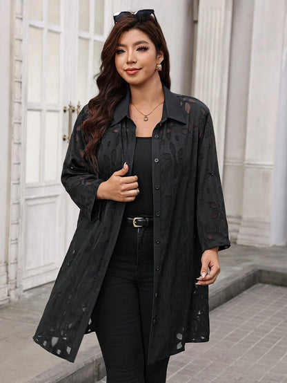 Reflora Plus Size Women's Elegant Black Textured Cut-Out Front Button-Up Shirt With Roll-Up Sleeves, Long Flowy Semi-Sheer Blouse