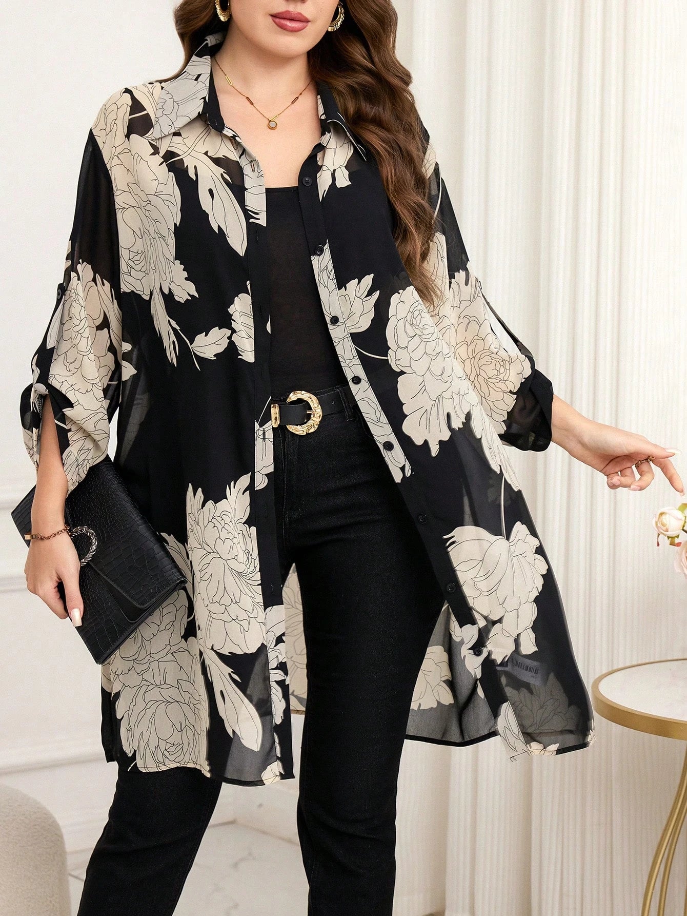 Reflora Plus Size Women's Elegant Black Textured Cut-Out Front Button-Up Shirt With Roll-Up Sleeves, Long Flowy Semi-Sheer Blouse