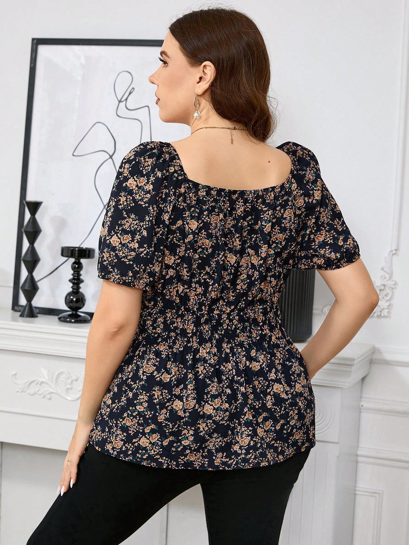 Reflora Plus Size Women's Fashionable & Elegant Printed Cinched Waist A-Line Puff Sleeve Shirt, For Summer