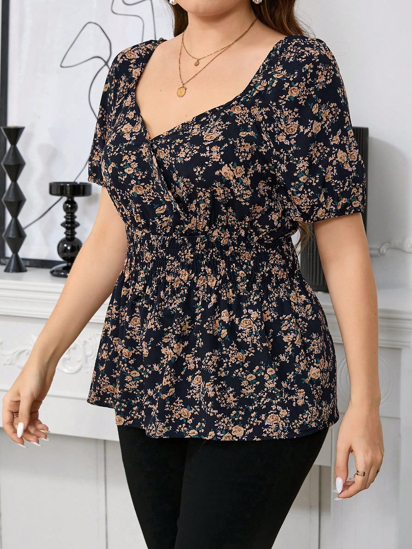 Reflora Plus Size Women's Fashionable & Elegant Printed Cinched Waist A-Line Puff Sleeve Shirt, For Summer