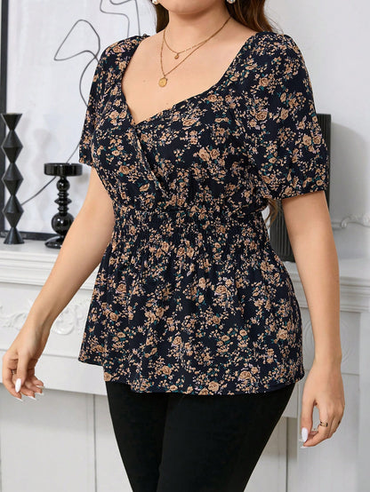 Reflora Plus Size Women's Fashionable & Elegant Printed Cinched Waist A-Line Puff Sleeve Shirt, For Summer