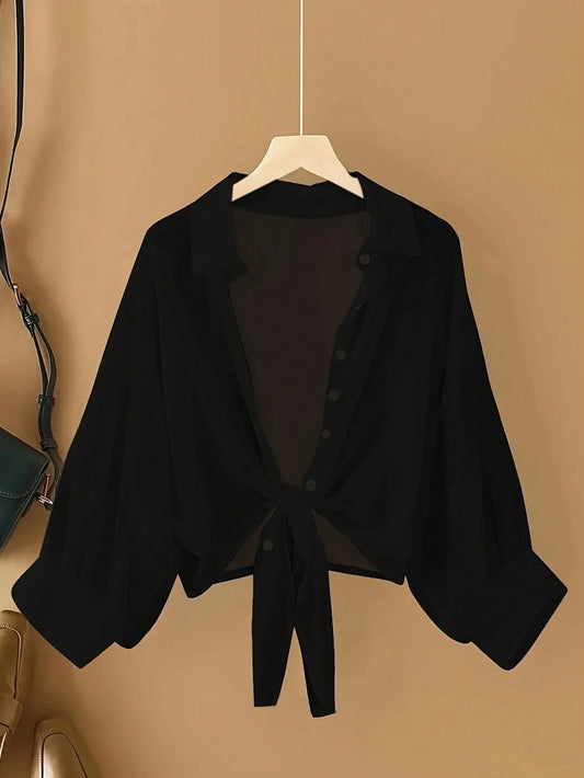 Resyla New Bat Wing Lightweight Sheer Collarless Cropped Cardigans, Women Casual Plain Color Shirt