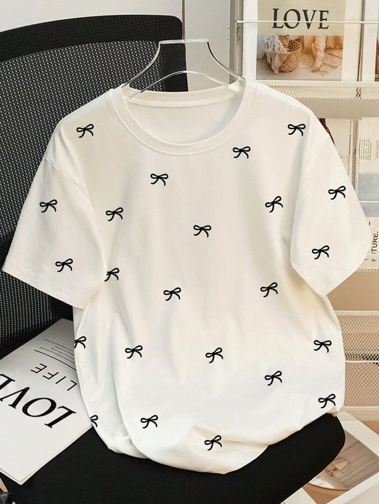 Resyla Regular Loose Fit Bow Print Popular Women T-Shirt