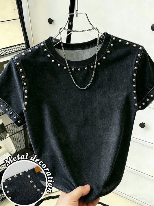 Resyla Women's American Retro Round Neck Short-Sleeved T-Shirt,Black And Silver Metal Decoration,Slim Summer Chic Night Out Casual Versatile Fashionable Top
