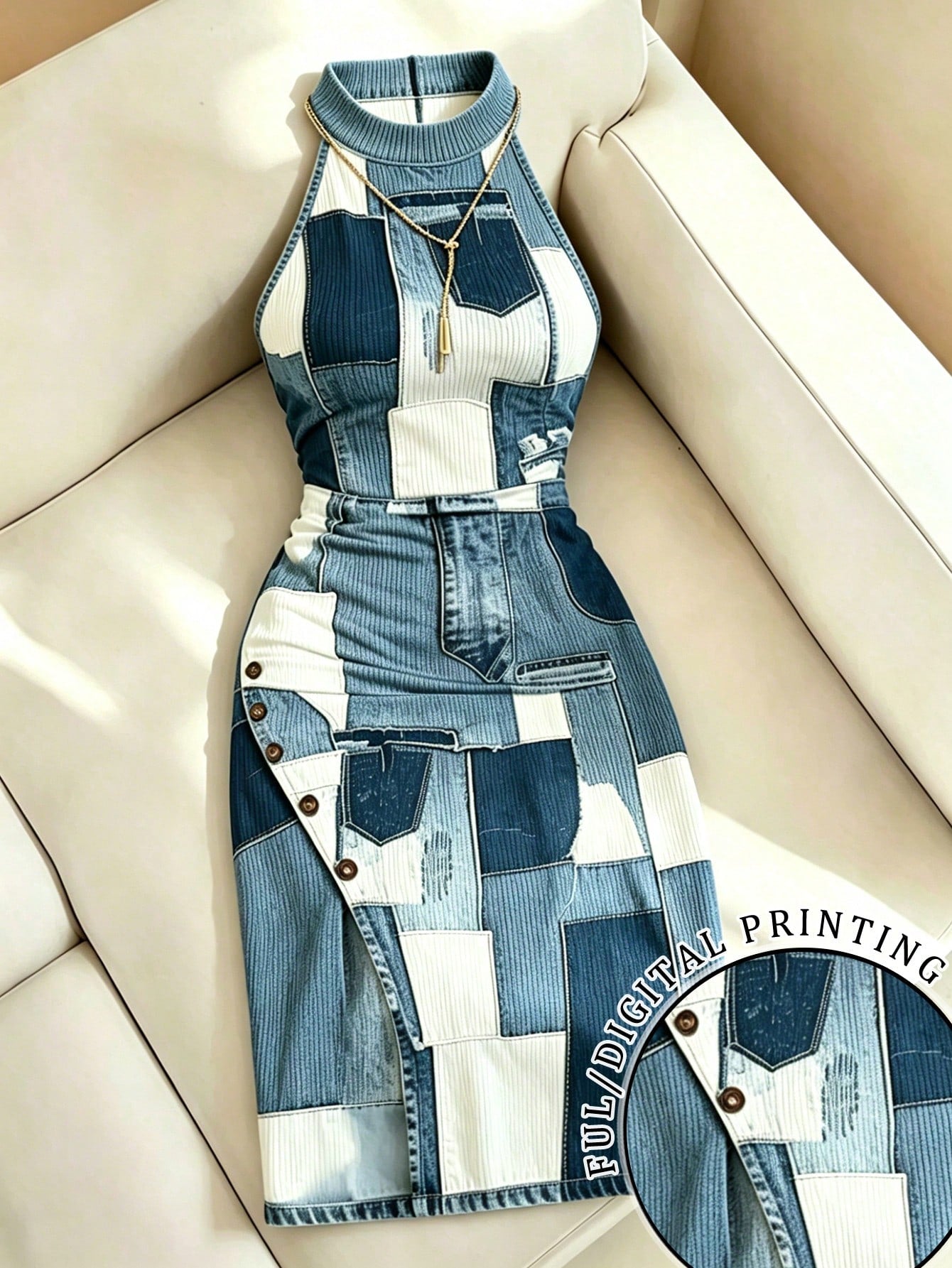 Resyla Women's Denim Effect Print Fashionable Slit Round Neck Casual Dress