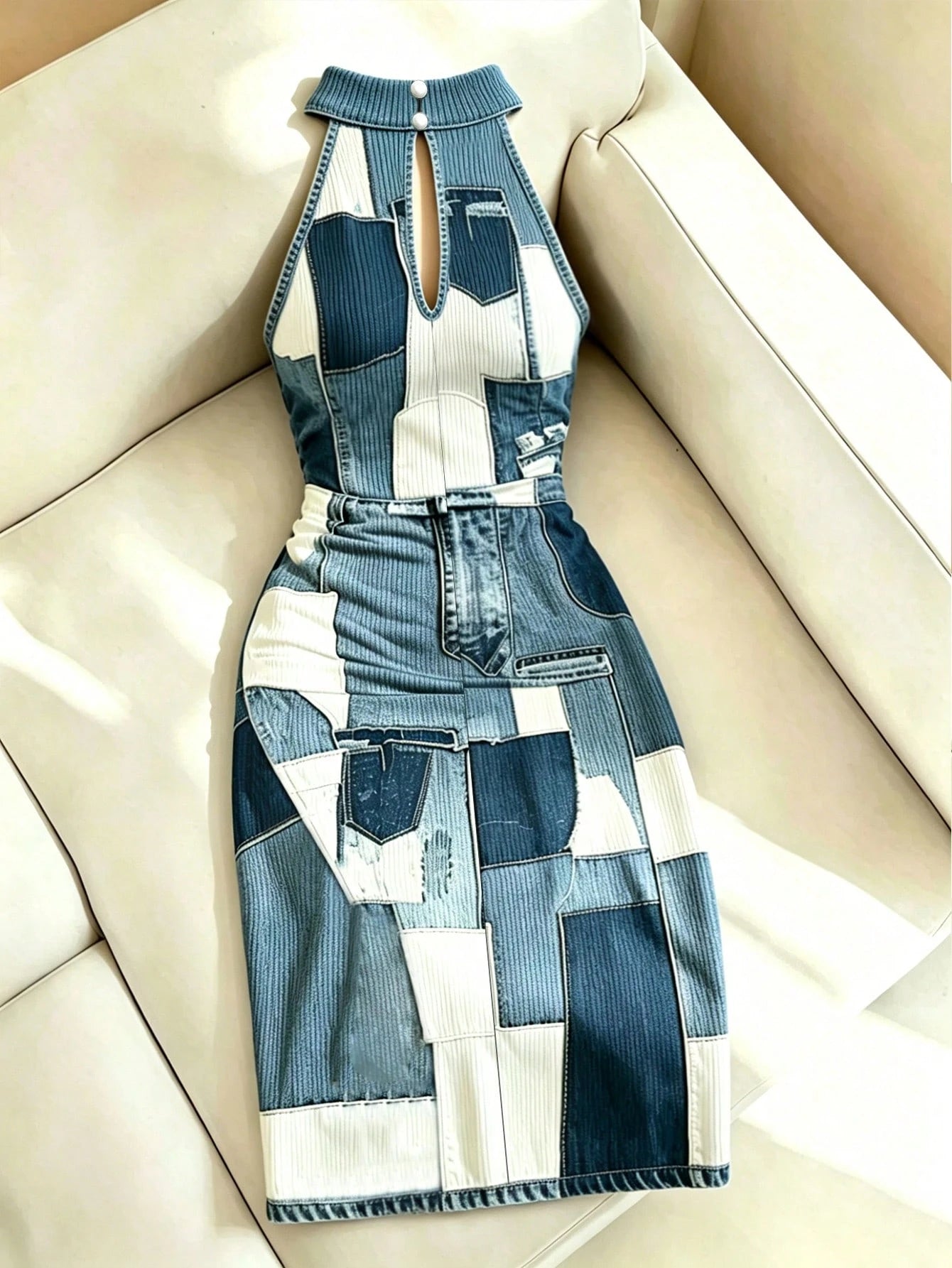 Resyla Women's Denim Effect Print Fashionable Slit Round Neck Casual Dress