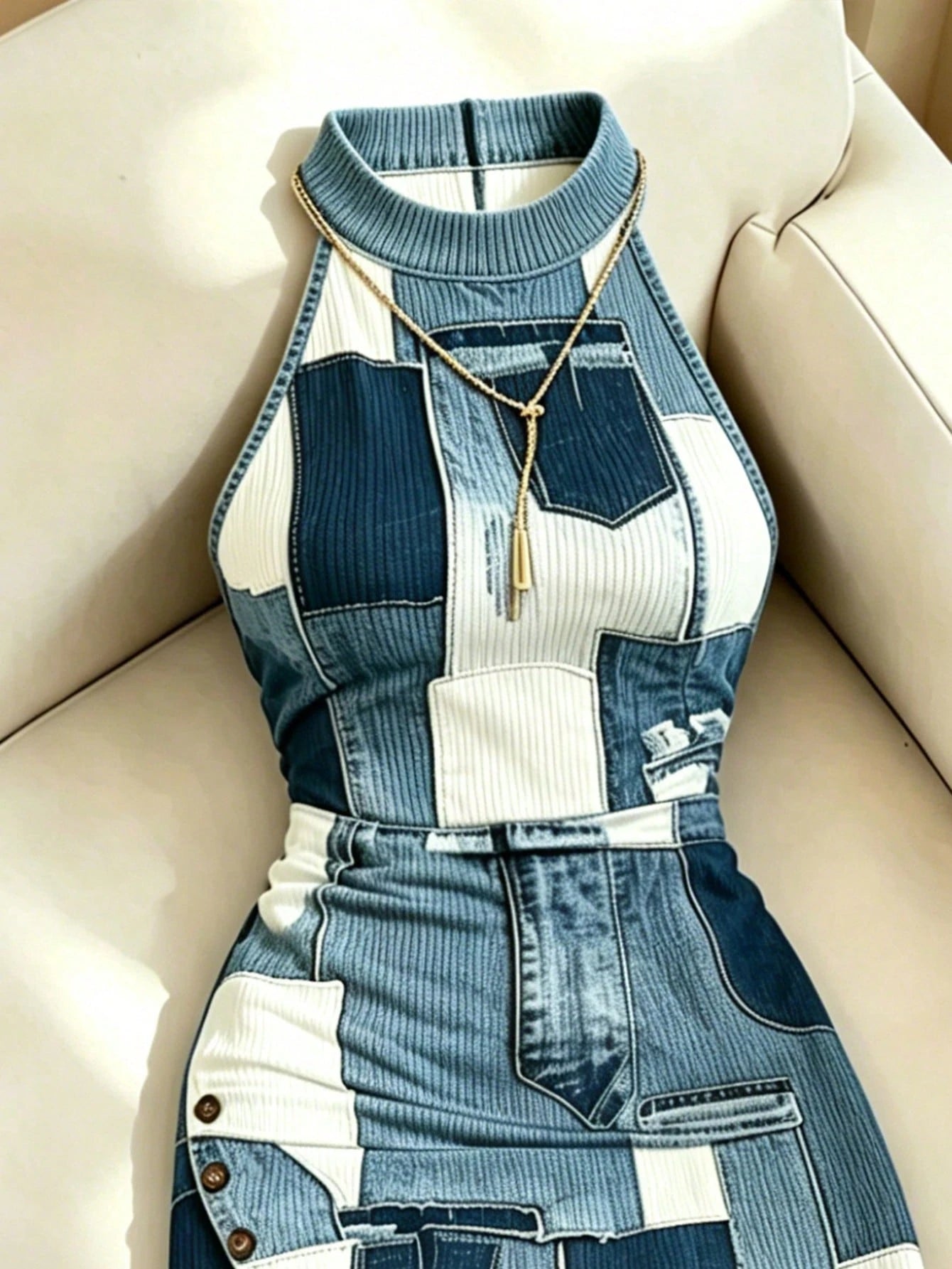 Resyla Women's Denim Effect Print Fashionable Slit Round Neck Casual Dress
