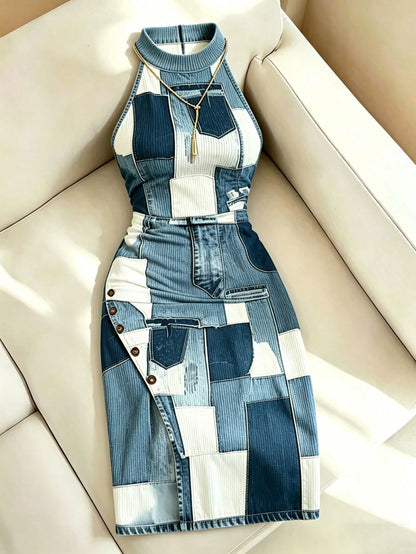 Resyla Women's Denim Effect Print Fashionable Slit Round Neck Casual Dress