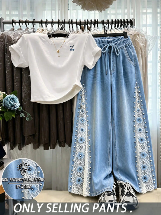 Resyla Women's Lace Floral Denim Effect Print Casual Wide Leg Long Pants