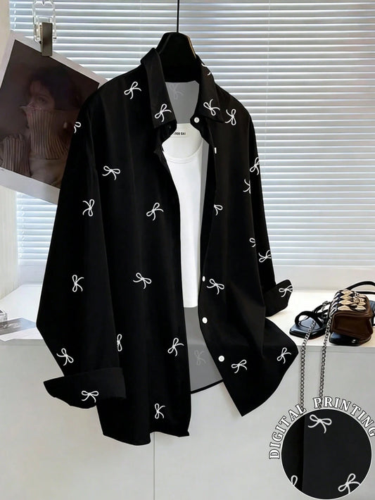 Resyla Women's Loose Fit Digital Printing Bowknot Long Sleeve Shirt