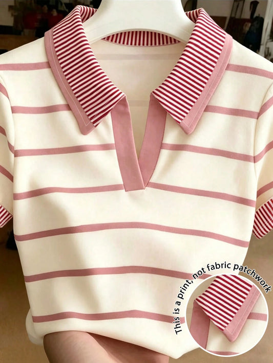 Resyla Women's Minimalist Versatile Striped Collared T-Shirt, Everyday Wear