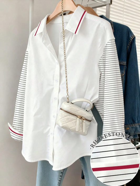 Resyla Women's Striped & Solid Color Patchwork Long Sleeve Shirt