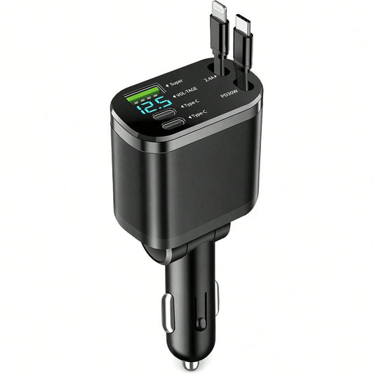 Retractable Car Charger, Car Charger USB C Fast Charge, For IPhone 17 16 15 14 13 12 X, 4 In 1 Cigarette Lighter Adapter, Car Accessories, Birthday Gifts For Men Women Dad Mom Husband,Car Essentials,C