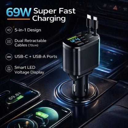 Retractable Car Charger, Car Charger USB C Fast Charge, For IPhone 17 16 15 14 13 12 X, 4 In 1 Cigarette Lighter Adapter, Car Accessories, Birthday Gifts For Men Women Dad Mom Husband,Car Essentials,C