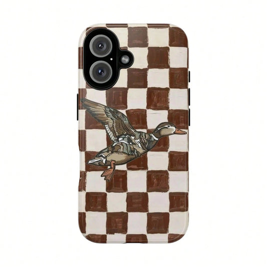 Retro Duck Checkered Rubber Shell Phone Case, Brown Vintage Aesthetic Duck Smartphone Accessory, Compatible With IPhone 17, 16, 15 Pro Max, Cellphone Gift