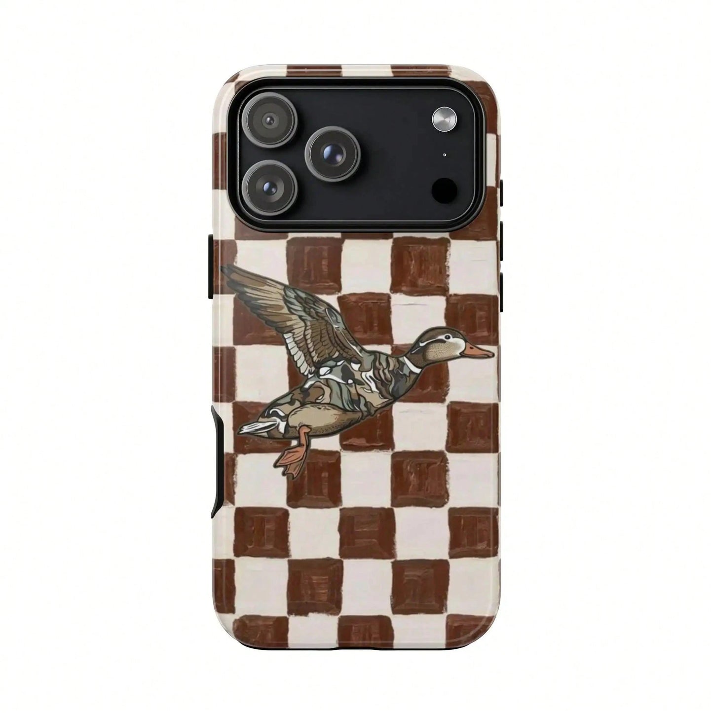 Retro Duck Checkered Rubber Shell Phone Case, Brown Vintage Aesthetic Duck Smartphone Accessory, Compatible With IPhone 17, 16, 15 Pro Max, Cellphone Gift