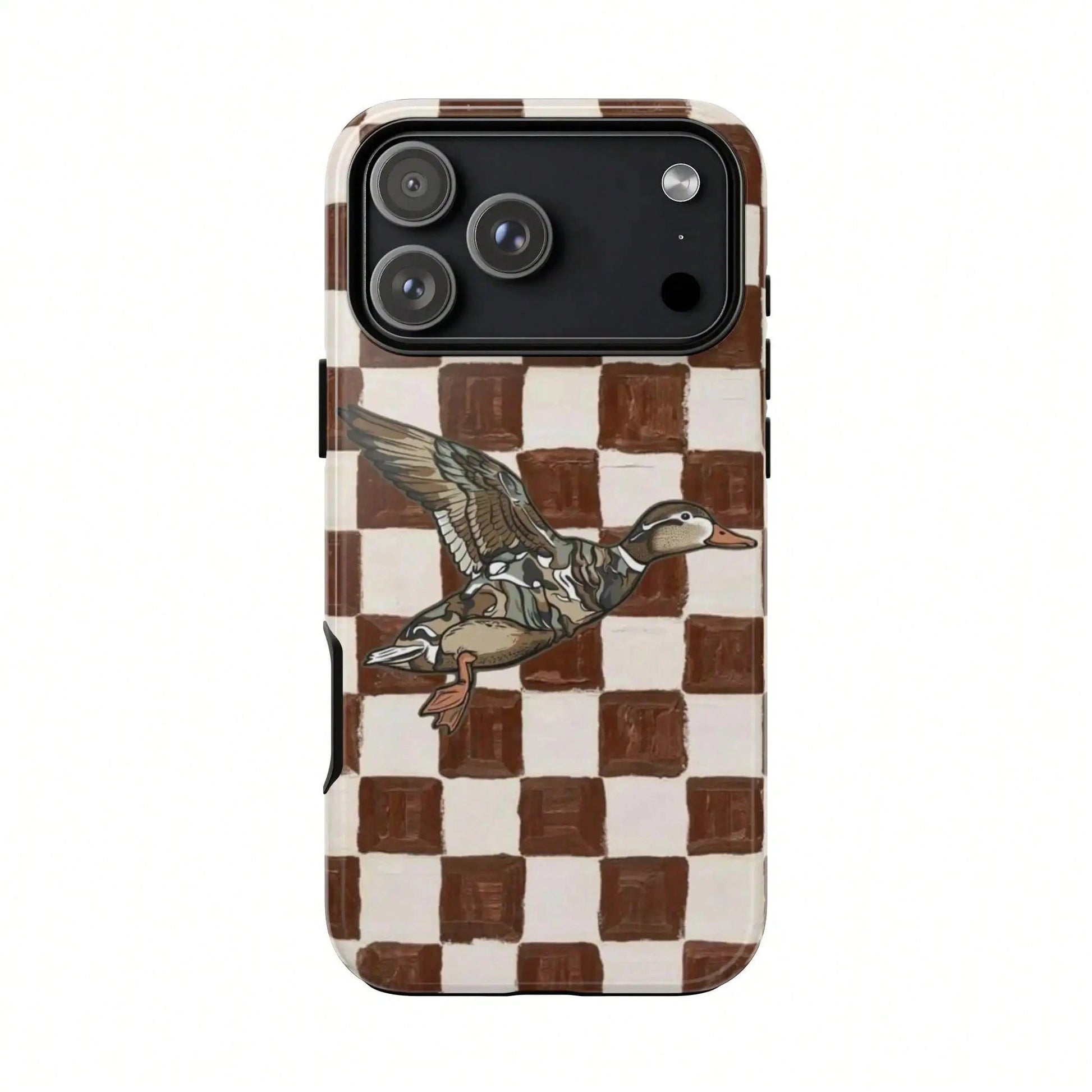 Retro Duck Checkered Rubber Shell Phone Case, Brown Vintage Aesthetic Duck Smartphone Accessory, Compatible With IPhone 17, 16, 15 Pro Max, Cellphone Gift