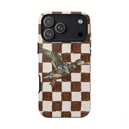 Retro Duck Checkered Rubber Shell Phone Case, Brown Vintage Aesthetic Duck Smartphone Accessory, Compatible With IPhone 17, 16, 15 Pro Max, Cellphone Gift