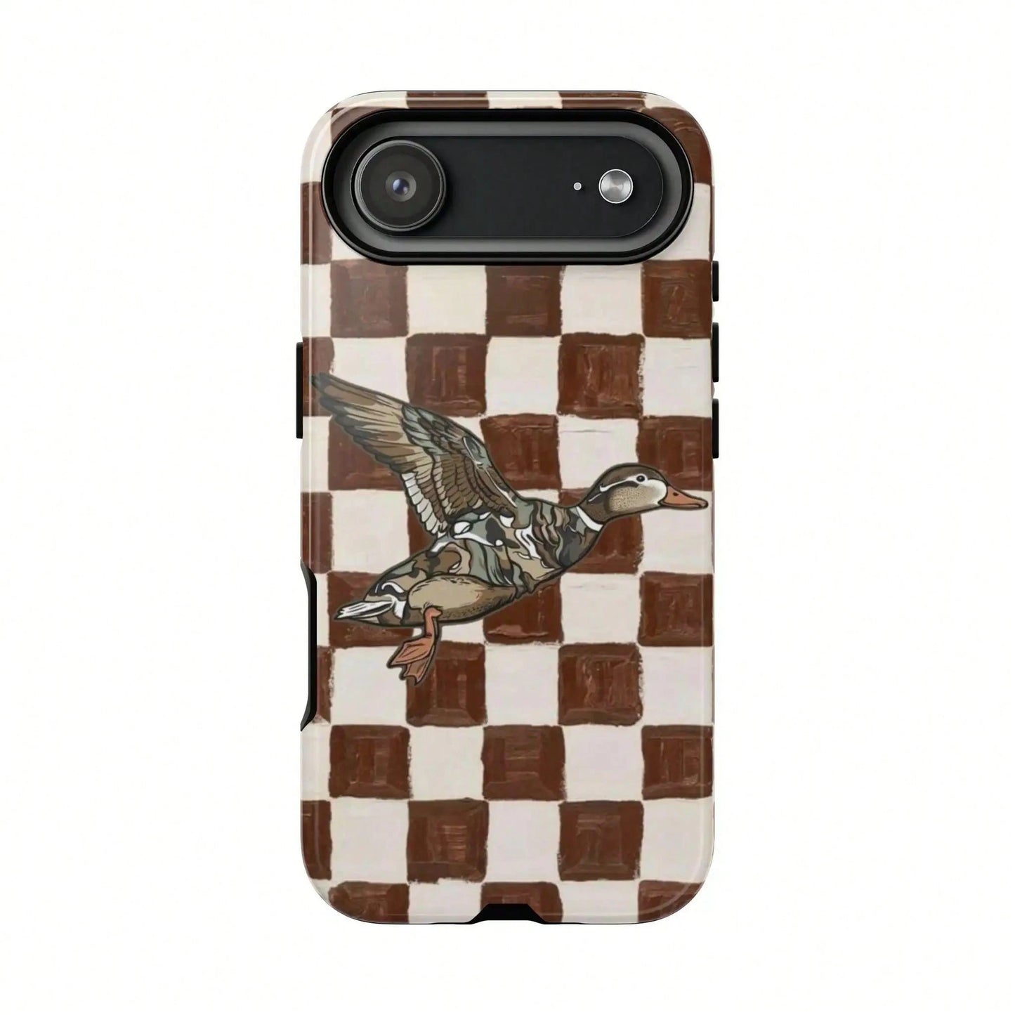 Retro Duck Checkered Rubber Shell Phone Case, Brown Vintage Aesthetic Duck Smartphone Accessory, Compatible With IPhone 17, 16, 15 Pro Max, Cellphone Gift