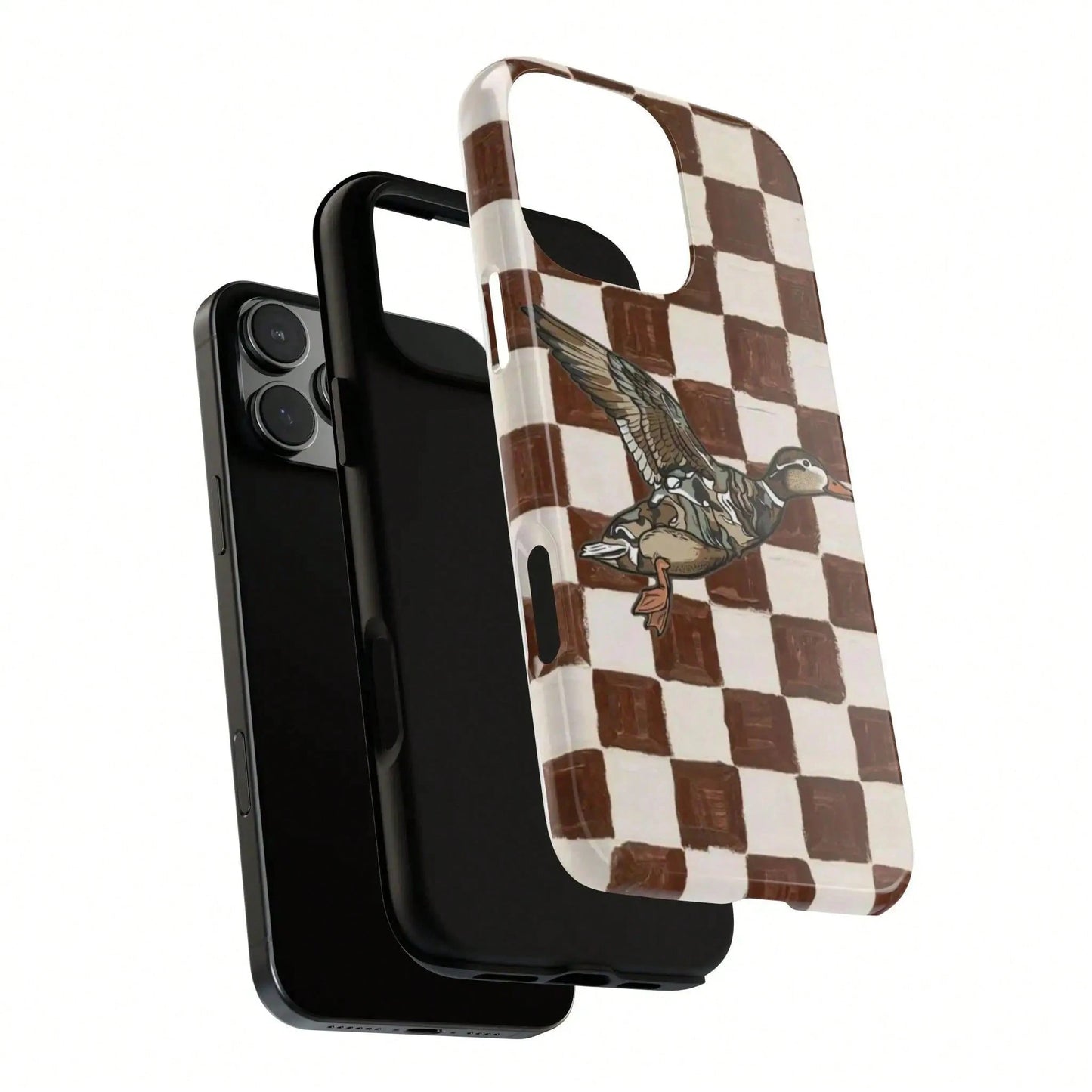 Retro Duck Checkered Rubber Shell Phone Case, Brown Vintage Aesthetic Duck Smartphone Accessory, Compatible With IPhone 17, 16, 15 Pro Max, Cellphone Gift