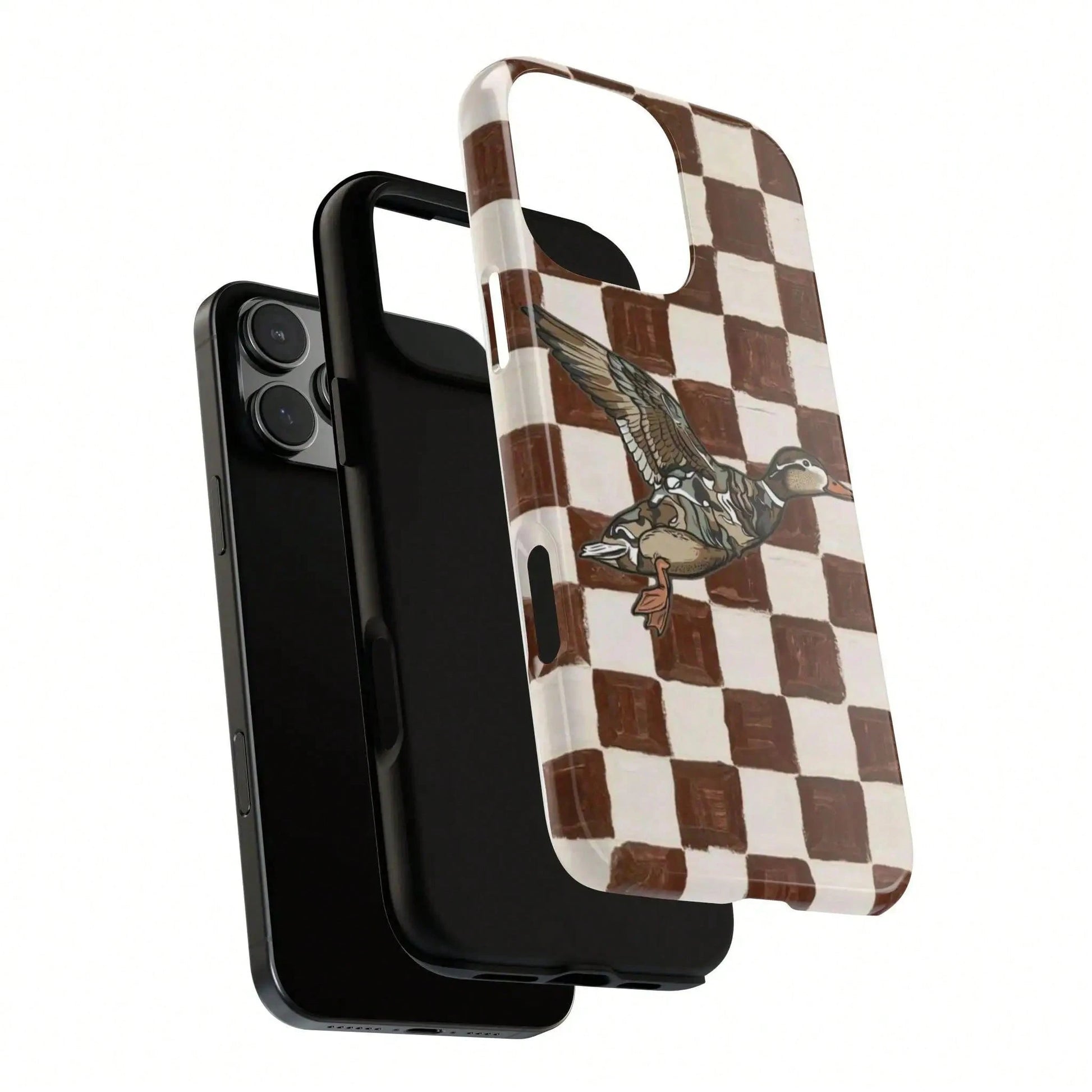 Retro Duck Checkered Rubber Shell Phone Case, Brown Vintage Aesthetic Duck Smartphone Accessory, Compatible With IPhone 17, 16, 15 Pro Max, Cellphone Gift