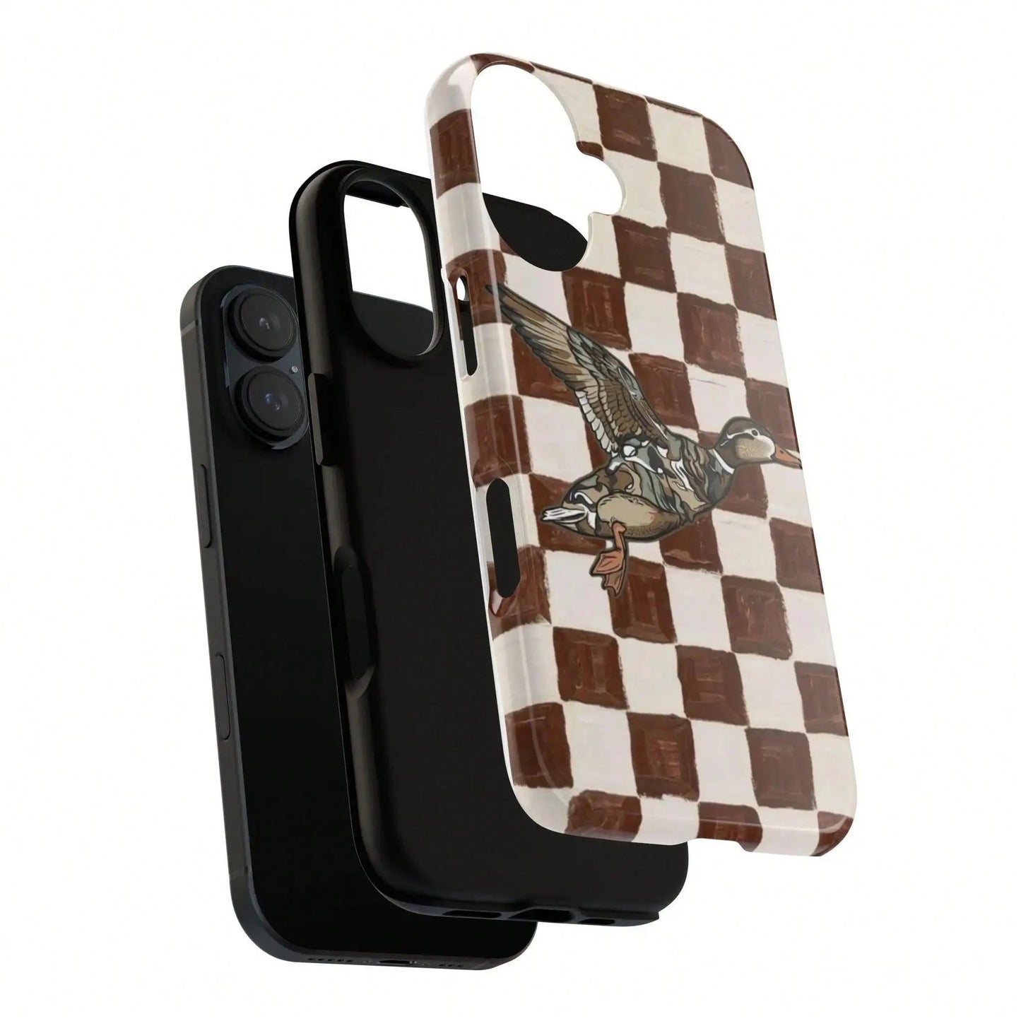 Retro Duck Checkered Rubber Shell Phone Case, Brown Vintage Aesthetic Duck Smartphone Accessory, Compatible With IPhone 17, 16, 15 Pro Max, Cellphone Gift