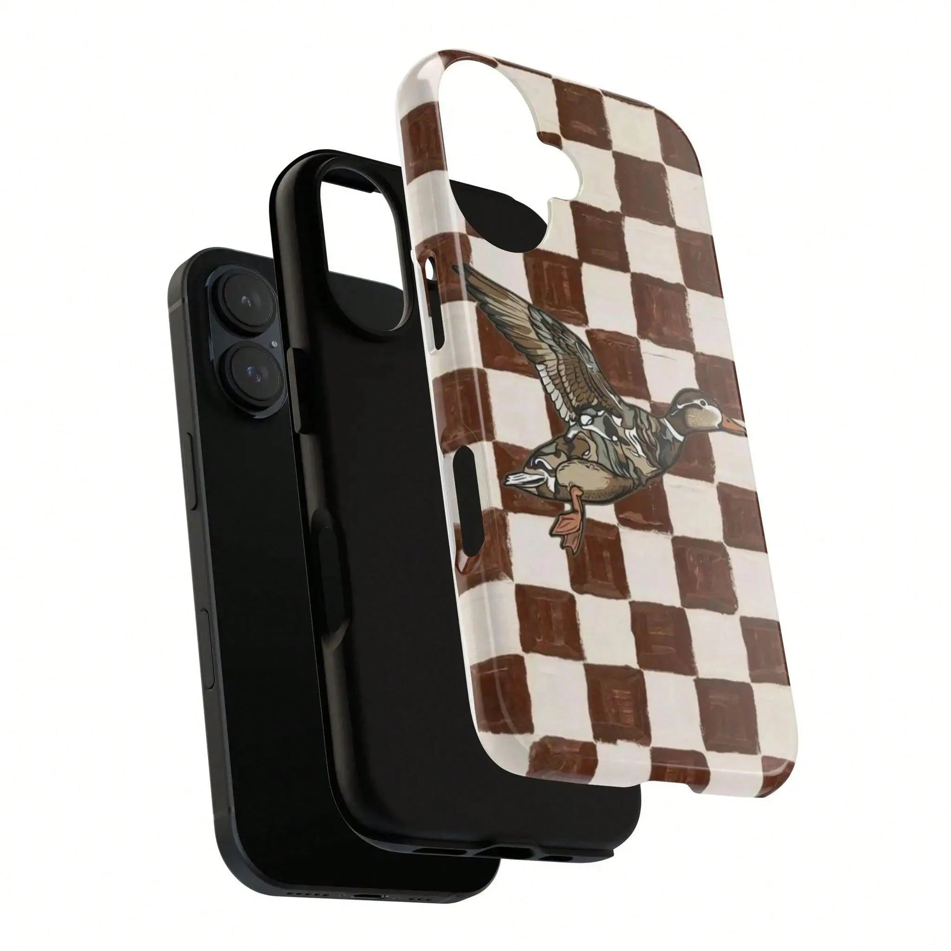 Retro Duck Checkered Rubber Shell Phone Case, Brown Vintage Aesthetic Duck Smartphone Accessory, Compatible With IPhone 17, 16, 15 Pro Max, Cellphone Gift