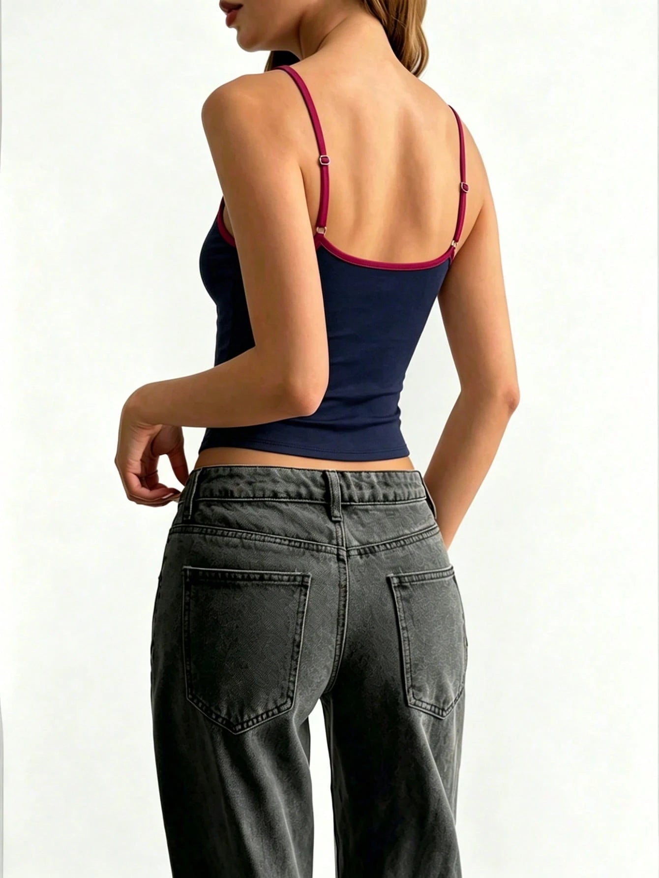 Retro Navy & Burgundy Contrast Trim Square Neck Camisole Tank Top For Women, Fitted Slim Crop Vest For Summer, Beach, Date Night, Casual Wear