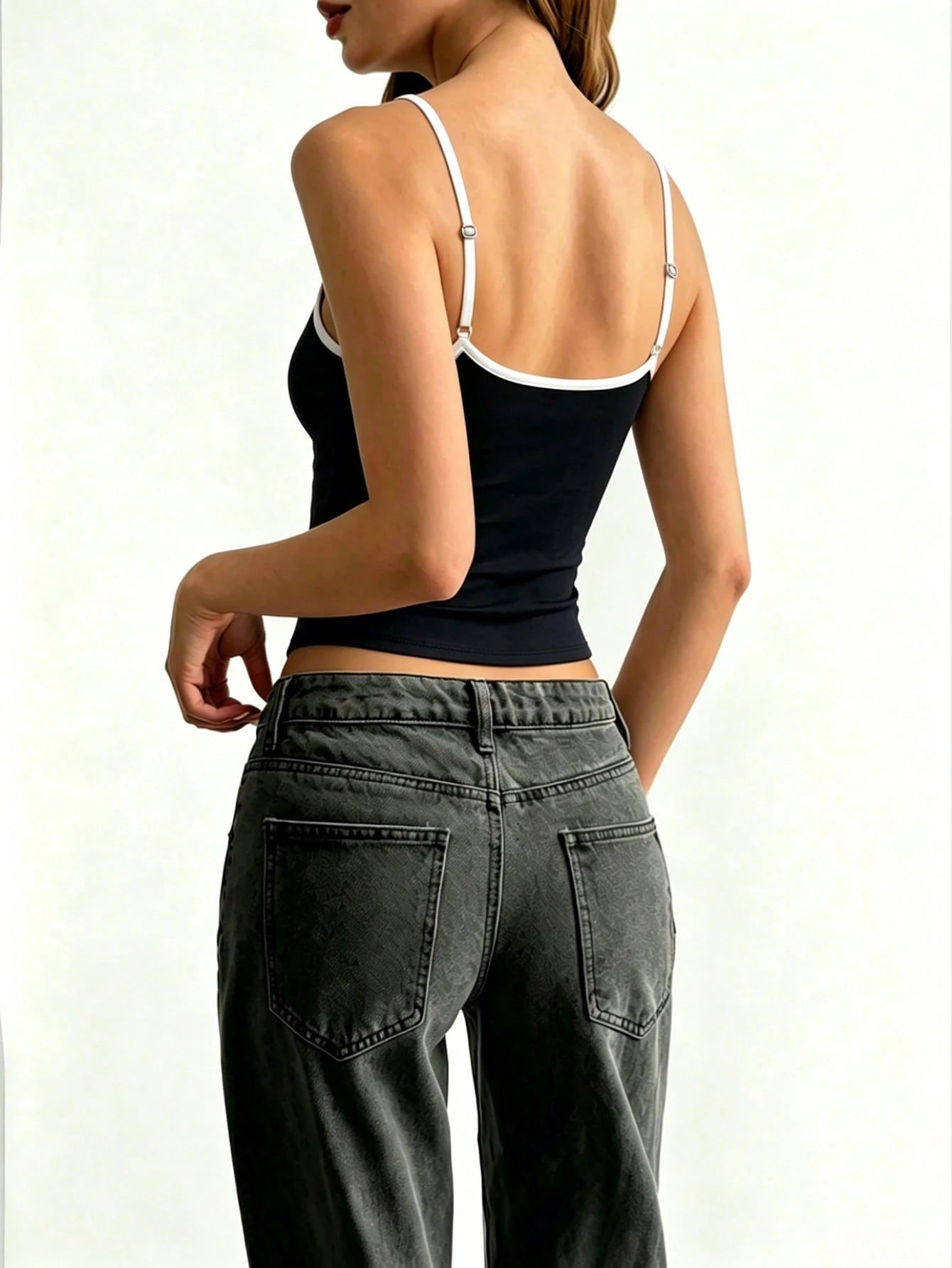 Retro Navy & Burgundy Contrast Trim Square Neck Camisole Tank Top For Women, Fitted Slim Crop Vest For Summer, Beach, Date Night, Casual Wear