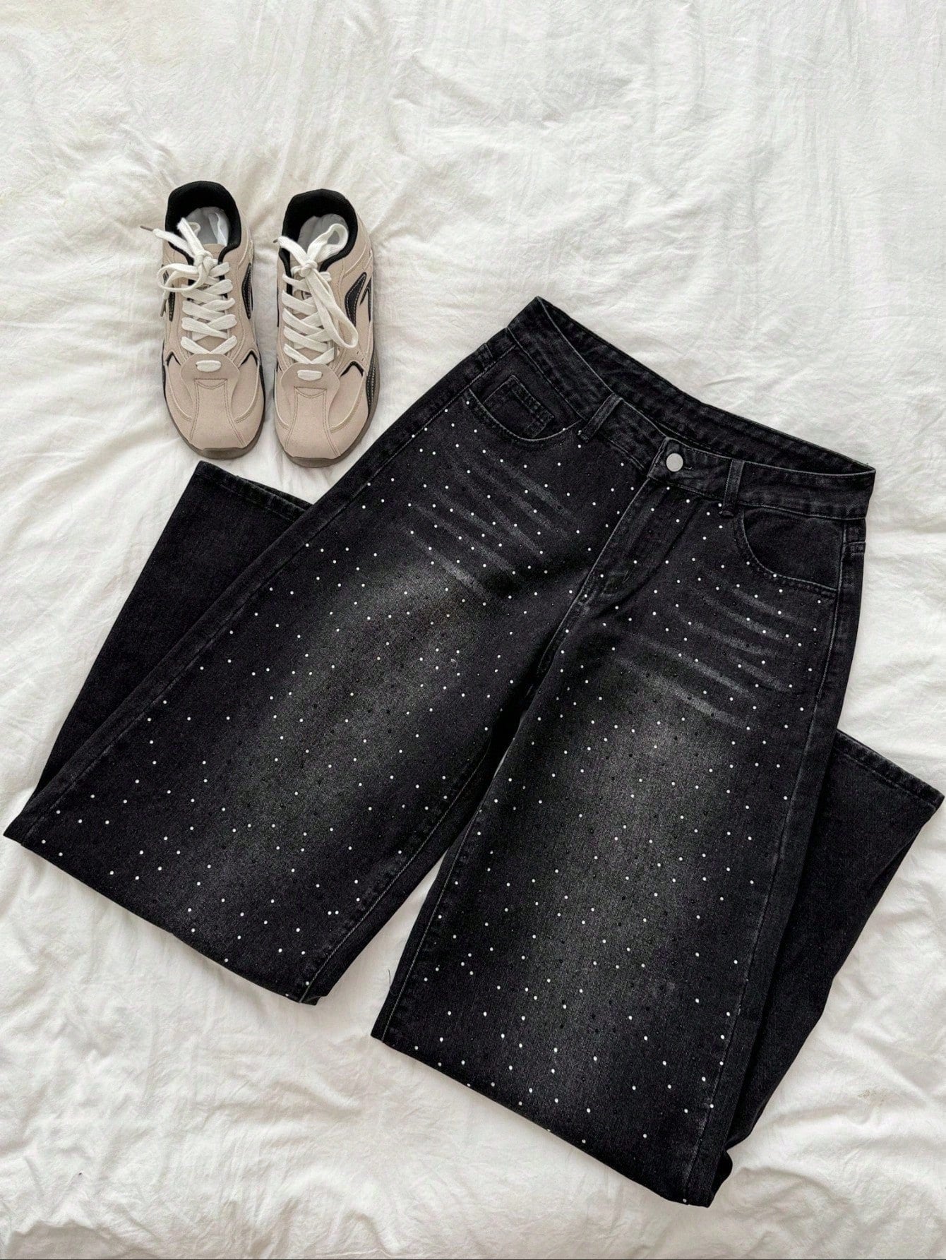Retro Sexy Slim Fit Washed Rhinestone Embellished Wide Leg Jeans Jeans Glittersparkle Jeansrhinestone Jeans, Fall Women Clothes