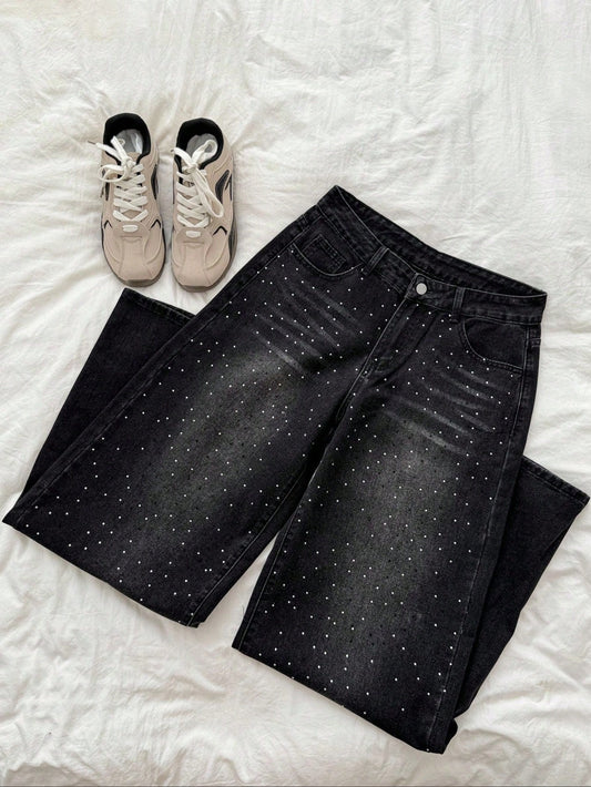 Retro Sexy Slim Fit Washed Rhinestone Embellished Wide Leg Jeans Jeans Glittersparkle Jeansrhinestone Jeans, Fall Women Clothes