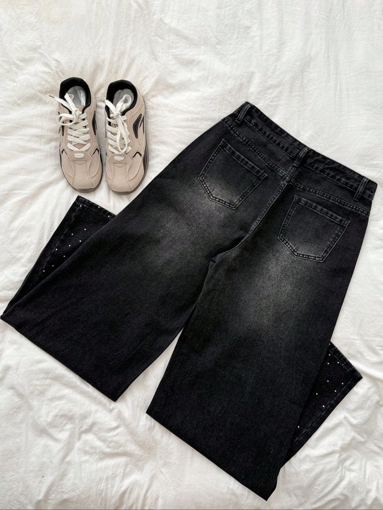 Retro Sexy Slim Fit Washed Rhinestone Embellished Wide Leg Jeans Jeans Glittersparkle Jeansrhinestone Jeans, Fall Women Clothes