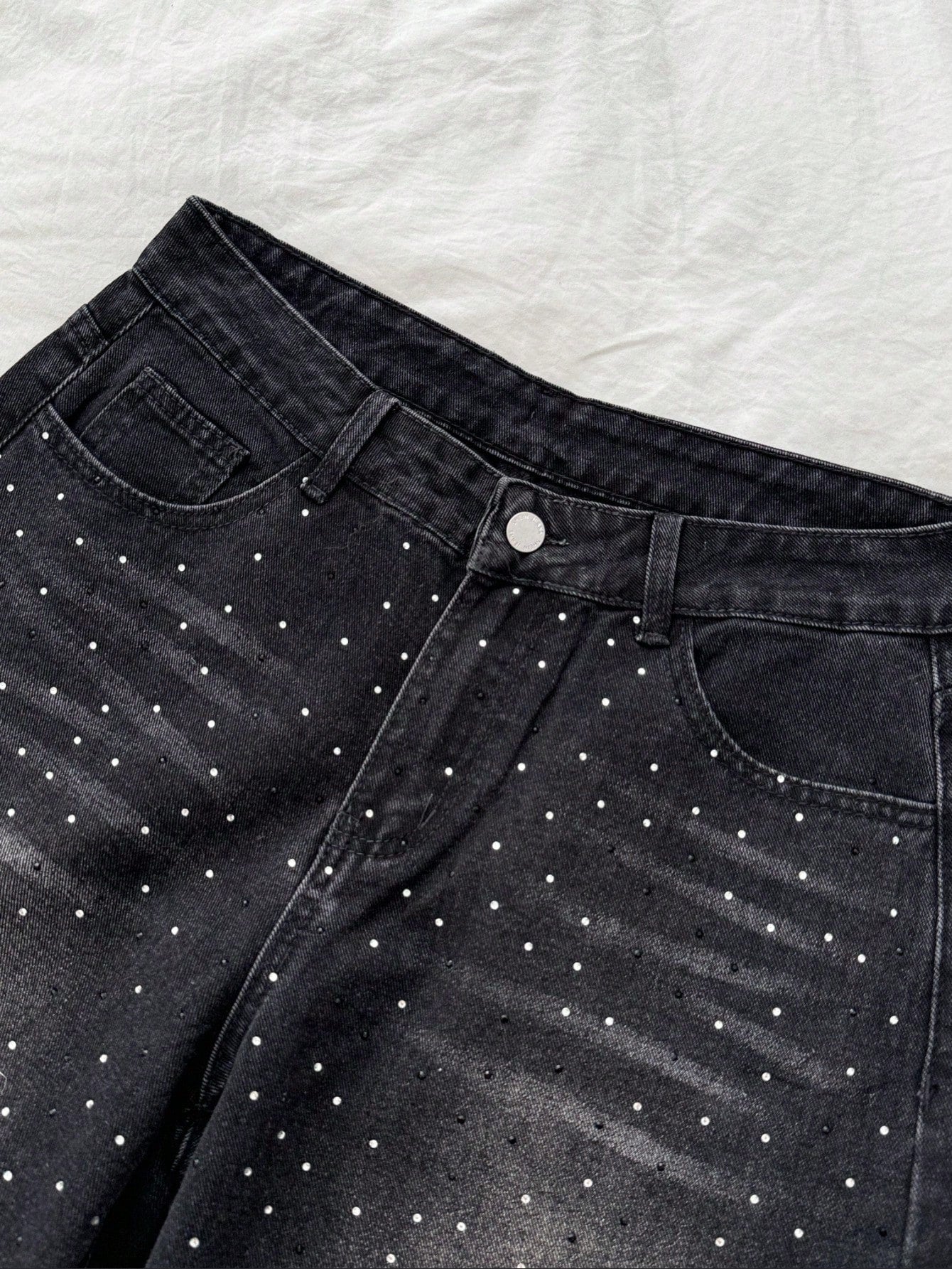 Retro Sexy Slim Fit Washed Rhinestone Embellished Wide Leg Jeans Jeans Glittersparkle Jeansrhinestone Jeans, Fall Women Clothes