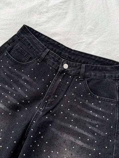 Retro Sexy Slim Fit Washed Rhinestone Embellished Wide Leg Jeans Jeans Glittersparkle Jeansrhinestone Jeans, Fall Women Clothes