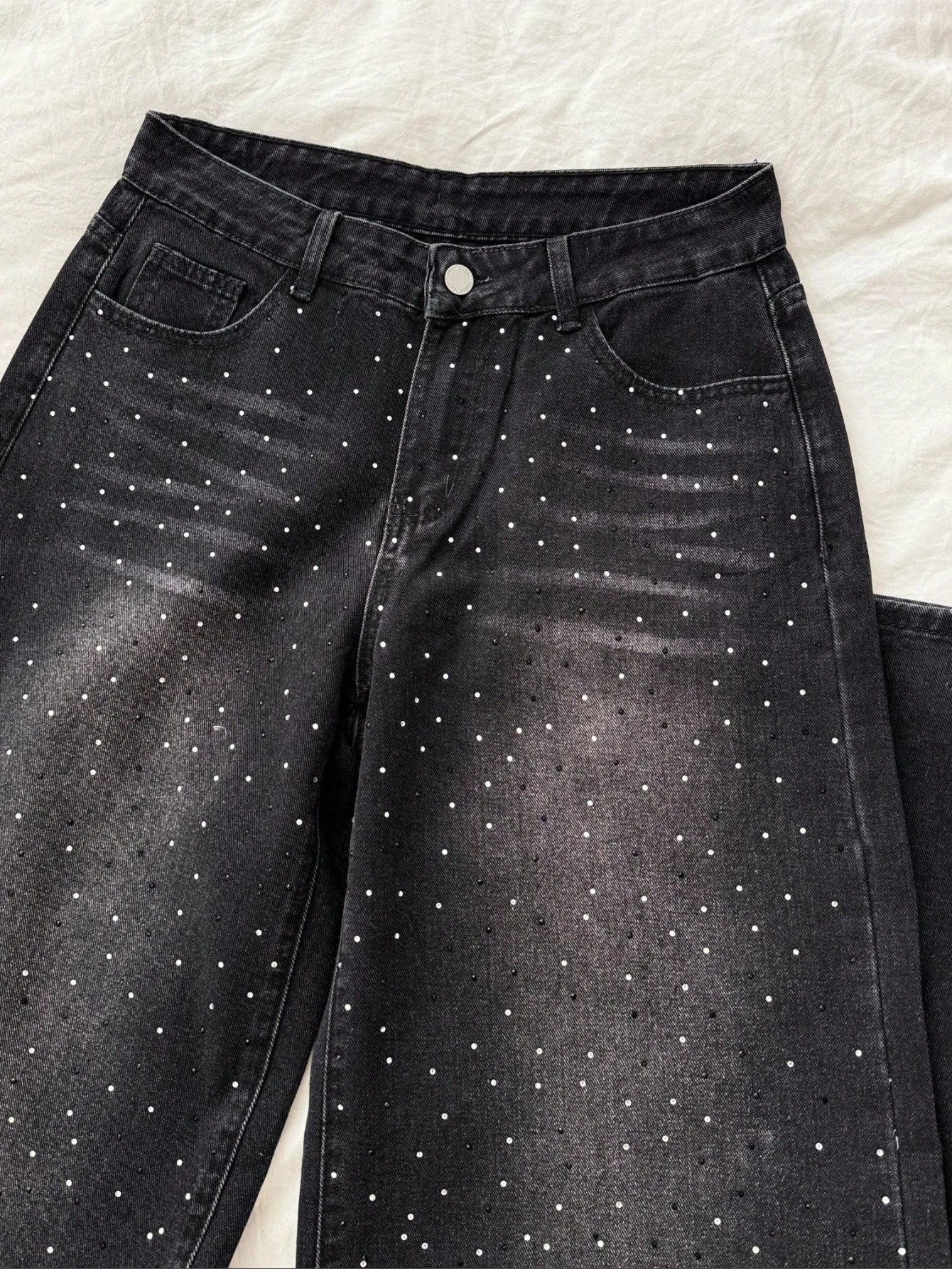 Retro Sexy Slim Fit Washed Rhinestone Embellished Wide Leg Jeans Jeans Glittersparkle Jeansrhinestone Jeans, Fall Women Clothes