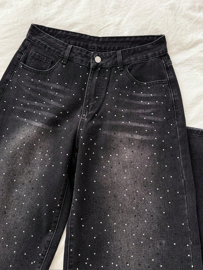 Retro Sexy Slim Fit Washed Rhinestone Embellished Wide Leg Jeans Jeans Glittersparkle Jeansrhinestone Jeans, Fall Women Clothes