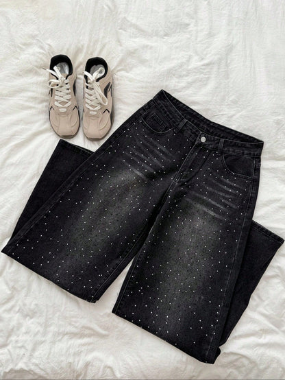 Retro Sexy Slim Fit Washed Rhinestone Embellished Wide Leg Jeans Jeans Glittersparkle Jeansrhinestone Jeans, Fall Women Clothes